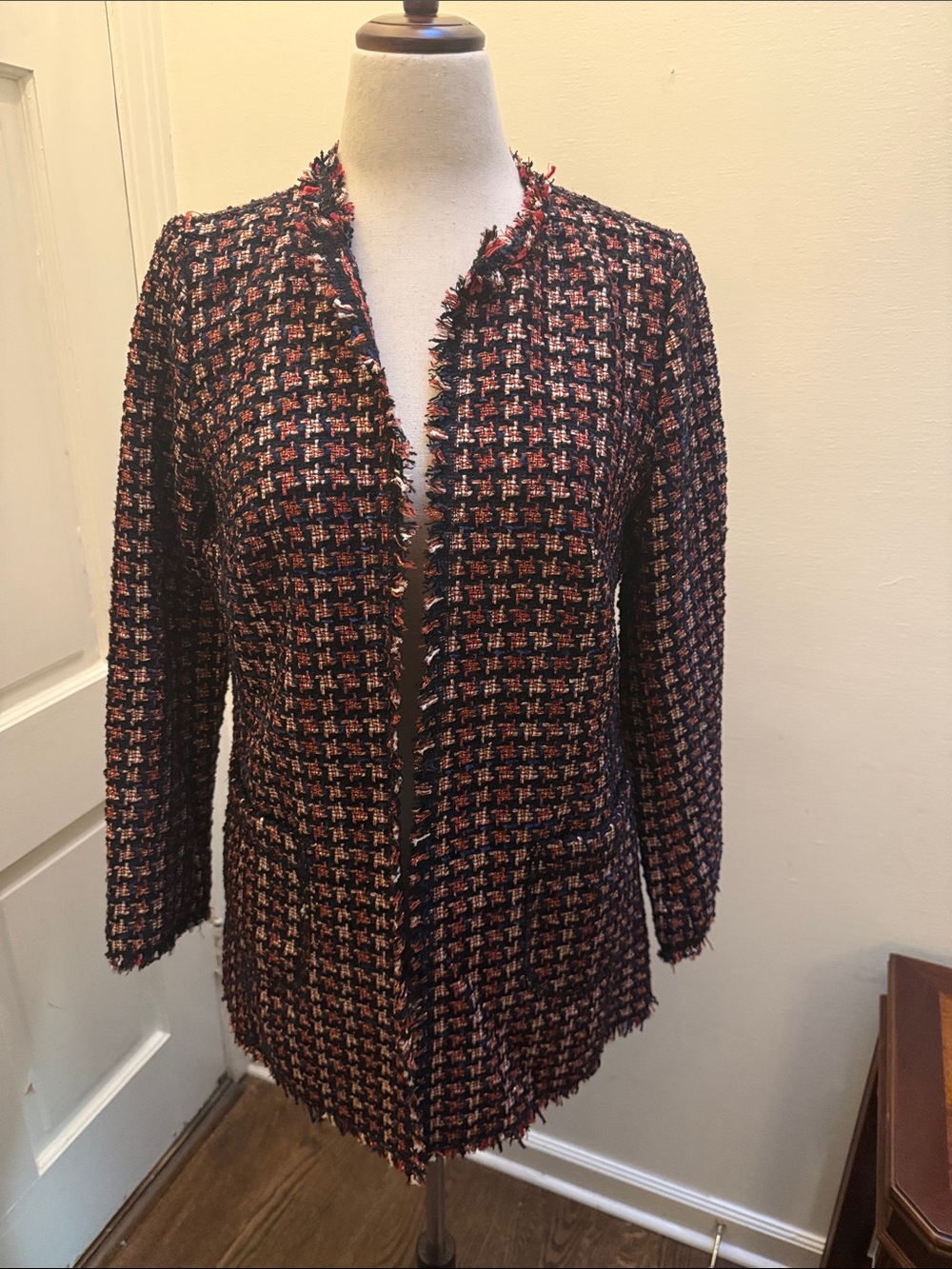 Catherine Malandrino Black and Red Tweed Open-Front Jacket